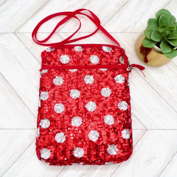 Disney Parks Minnie Mouse Sequin Polka Dot Crossbody Shoulder Bag Red White - Picture 1 of 4